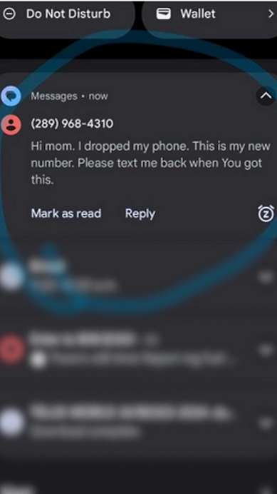 Capture d’écran d’un message texte provenant du numéro 289-968-4310 qui dit : « Allô maman! J’ai brisé mon téléphone. C’est mon nouveau numéro. Réponds-moi quand tu auras reçu ce texto. »