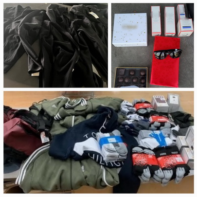  Collage of photos of items recovered, including clothing, sunglasses, cosmetics and chocolates.