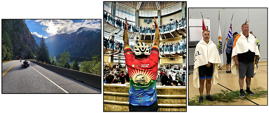 Photos: The Tour riding through a tunnel; Alex Poirier standing inside a school, Alex Poirier being honoured by the Leqamel First Nation